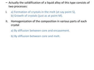 – Actually the solidification of a liquid alloy of this type consists of
two processes:
I. a) Formation of crystals in the melt (at say point S),
b) Growth of crystals (just as at point M).
II. Homogenization of the composition in various parts of each
crystal
a) By diffusion between core and encasement.
b) By diffusion between core and melt.
 