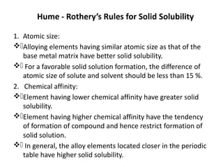 Hume - Rothery’s Rules for Solid Solubility
1. Atomic size:
.Alloying elements having similar atomic size as that of the
b...