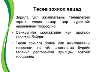 Төсөв зохиох явцад
• Зорилт, үйл ажиллагааны төлөвлөгөөг
гаргах үедээ ямар цар хүрээтэйг
нарийвчлан тооцоолно
• Санхүүгийн мэргэжлийн хүн оролцох
хэрэгтэй байдаг.
• Төсөв зохиогч болон үйл ажиллагааны
төлөвлөгч нь үйл ажиллагаа бүрийн
төсвийг дэлгэрэнгүй ярилцаж өртгийг
тооцоолно
 