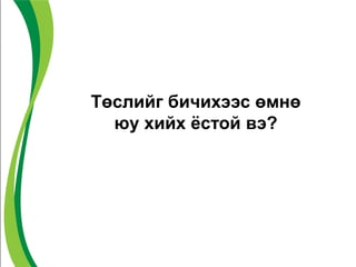 Төслийг бичихээс өмнө
юу хийх ѐстой вэ?
 