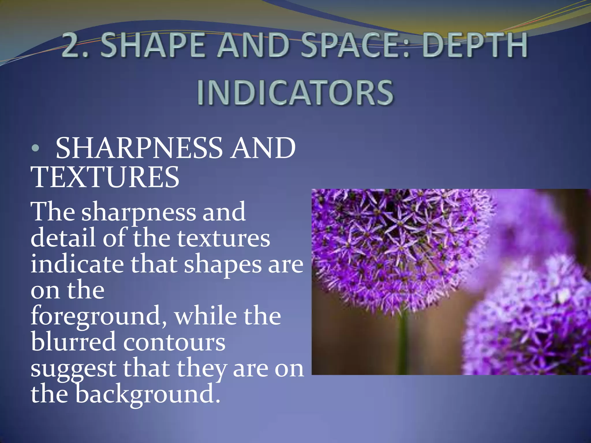 • SHARPNESS AND
TEXTURES
The sharpness and
detail of the textures
indicate that shapes are
on the
foreground, while the
blurred contours
suggest that they are on
the background.
 