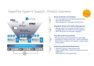73
HyperFlex Hyper-V Support : Product Overview
HYPERCONVERGED DATA PLATFORM
CTRL
VM
VM VM VM VM VM VM VMVMVM
Enterprise grade Scale & Performance
• Hypervisor agnostic unified Infrastructure
• Highly scalable (PBs), resilient and scale-as-you-need
deployment
• DDA support for PCIe passthrough
Core Microsoft Functionalities
• Windows Server 2016 Datacenter Core with SMB3
• Supported on HX220 and HX 240 – Hybrid and All-flash
• Native Hyper-V snapshot, live migration, storage replica,
cloning support
Integrated, Simple and Familiar Management
• Manage Hyper-V from familiar SCVMM interface
• Leverage Native UI (HTML5) for HX management
• REST API support for third party integration
Broad workloads and solutions
• Citrix VDI deployment (XenDesktop and XenApp)
• Microsoft SQL workloads
• Other applications – Exchange, Sharepoint etc.
CTRL
VM
CTRL
VM
 
