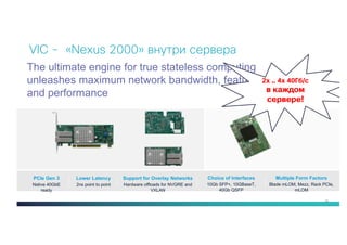16
VIC - «Nexus 2000» внутри сервера
The ultimate engine for true stateless computing
unleashes maximum network bandwidth, features
and performance
Lower Latency
2ns point to point
Multiple Form Factors
Blade mLOM, Mezz, Rack PCIe,
mLOM
Support for Overlay Networks
Hardware offloads for NVGRE and
VXLAN
PCIe Gen 3
Native 40GbE
ready
Choice of Interfaces
10Gb SFP+, 10GBaseT,
40Gb QSFP
2x .. 4x 40Гб/с
в каждом
сервере!
 