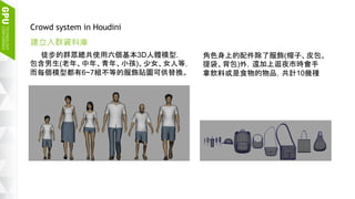 18
Crowd system in Houdini
建立人群資料庫
徒步的群眾總共使用六個基本3D人體模型，
包含男生(老年、中年、青年、小孩)、少女、女人等，
而每個模型都有6~7組不等的服飾貼圖可供替換。
角色身上的配件除了服飾(帽子、皮包、
提袋、背包)外，還加上逛夜市時會手
拿飲料或是食物的物品，共計10幾種
 
