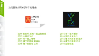 5
決定冒險採用CG製作的理由
2011 那些年,我們一起追的女孩
2013 小時代1&2
2014 等一個人咖啡
2015 樓下的房客 前導片
2016 樓下的房客 正片
2014 等一個人咖啡
2014 我的少女時代
2015 樓下的房客 前導片
2016 樓下的房客 正片
2016 超級快遞
 