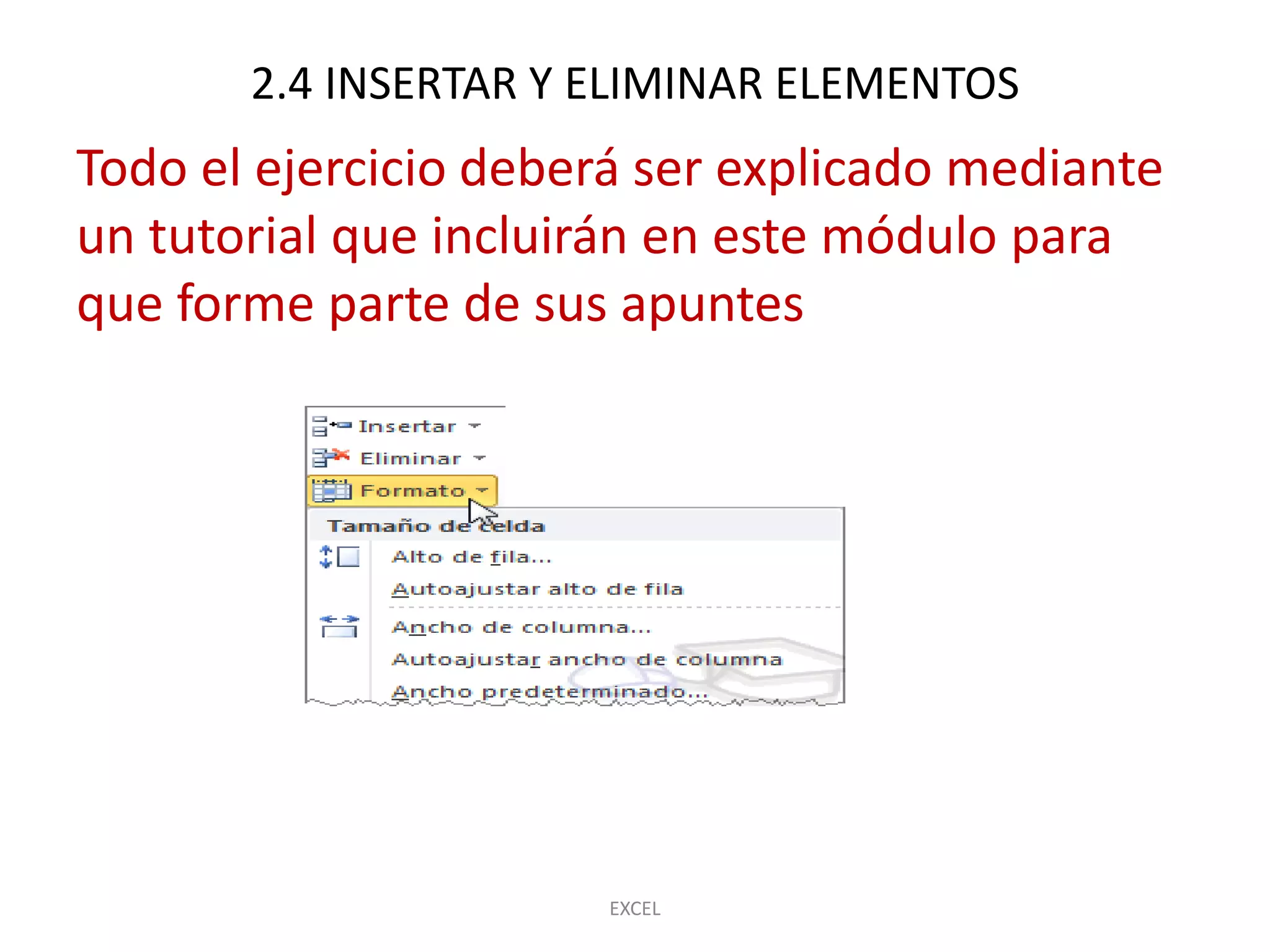 2.4 INSERTAR Y ELIMINAR ELEMENTOS
Todo el ejercicio deberá ser explicado mediante
un tutorial que incluirán en este módulo para
que forme parte de sus apuntes




                       EXCEL
 
