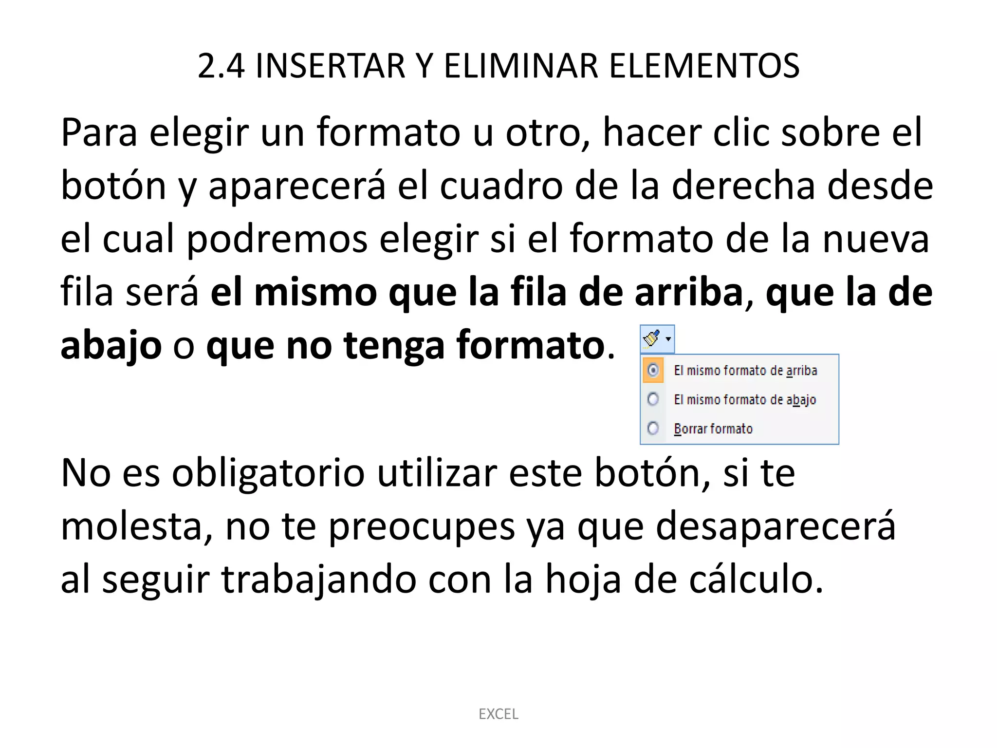 2.4 INSERTAR Y ELIMINAR ELEMENTOS
Para elegir un formato u otro, hacer clic sobre el
botón y aparecerá el cuadro de la derecha desde
el cual podremos elegir si el formato de la nueva
fila será el mismo que la fila de arriba, que la de
abajo o que no tenga formato.

No es obligatorio utilizar este botón, si te
molesta, no te preocupes ya que desaparecerá
al seguir trabajando con la hoja de cálculo.

                        EXCEL
 