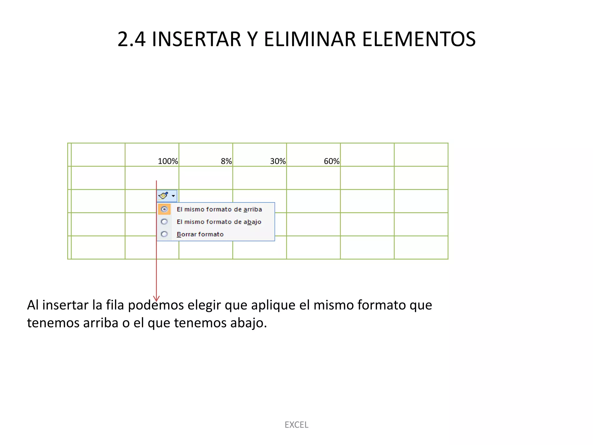 2.4 INSERTAR Y ELIMINAR ELEMENTOS




                     100%       8%      30%       60%




Al insertar la fila podemos elegir que aplique el mismo formato que
tenemos arriba o el que tenemos abajo.




                                          EXCEL
 