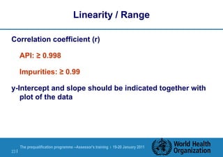 The prequalification programme --Assessor's training | 19-20 January 2011
23 |
Linearity / Range
Correlation coefficient (r)
API: ≥ 0.998
Impurities: ≥ 0.99
y-Intercept and slope should be indicated together with
plot of the data
 