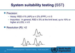 The prequalification programme --Assessor's training | 19-20 January 2011
9 |
System suitability testing (SST)
Precision:
– Assay: RSD ≤1% (API) or ≤ 2% (FPP), n ≥ 5
– Impurities: in general, RSD ≤ 5% at the limit level, up to 10% or
higher at LOQ, n ≥ 6
Resolution (R): >2
 