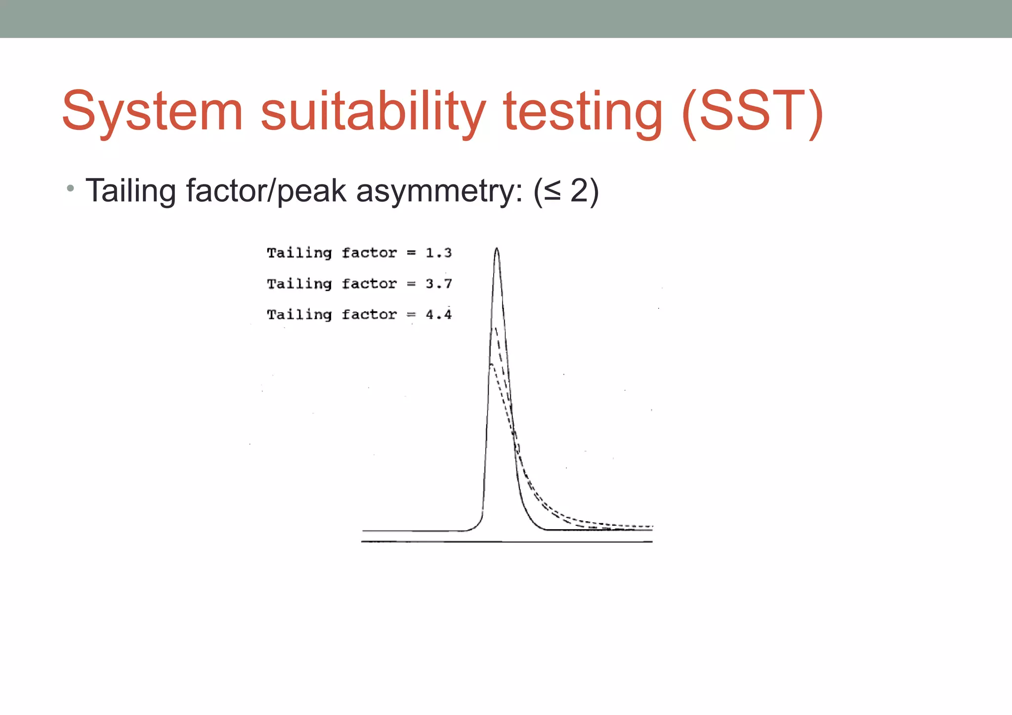 System suitability testing (SST) 
• Tailing factor/peak asymmetry: (≤ 2) 
 