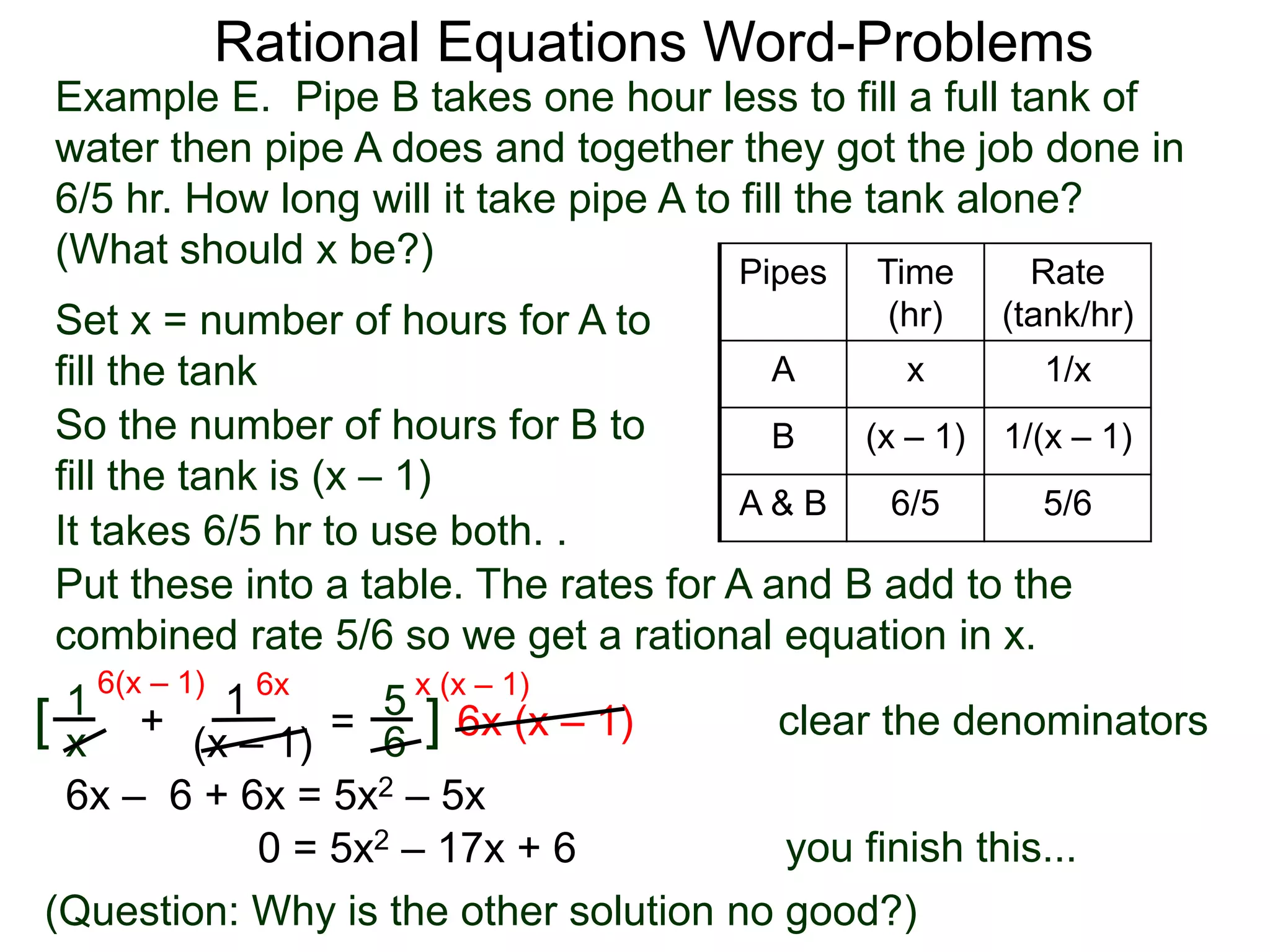 Rational Equations Word-Problems
5
6=
1
x
+ 1
(x – 1)
clear the denominators6x (x – 1)
6x
][
Set x = number of hours for A to
fill the tank
Pipes Time
(hr)
Rate
(tank/hr)
A x 1/x
B (x – 1) 1/(x – 1)
A & B 6/5 5/6
Example E. Pipe B takes one hour less to fill a full tank of
water then pipe A does and together they got the job done in
6/5 hr. How long will it take pipe A to fill the tank alone?
(What should x be?)
So the number of hours for B to
fill the tank is (x – 1)
Put these into a table. The rates for A and B add to the
combined rate 5/6 so we get a rational equation in x.
It takes 6/5 hr to use both. .
6(x – 1) x (x – 1)
6x – 6 + 6x = 5x2 – 5x
0 = 5x2 – 17x + 6
(Question: Why is the other solution no good?)
you finish this...
 