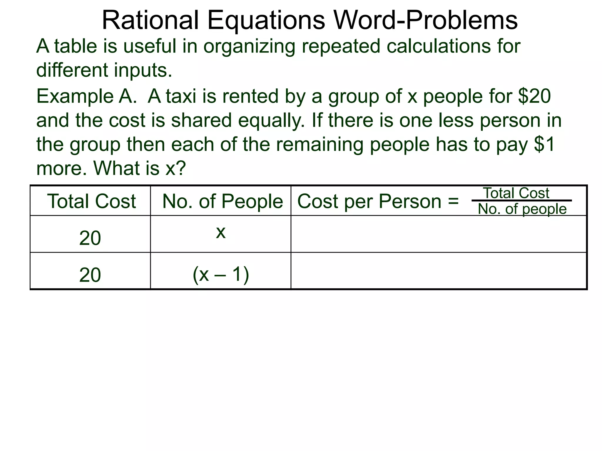Rational Equations Word-Problems
Example A. A taxi is rented by a group of x people for $20
and the cost is shared equally. If there is one less person in
the group then each of the remaining people has to pay $1
more. What is x?
A table is useful in organizing repeated calculations for
different inputs.
Total Cost No. of People Cost per Person =
20 x
20 (x – 1)
Total Cost
No. of people
 