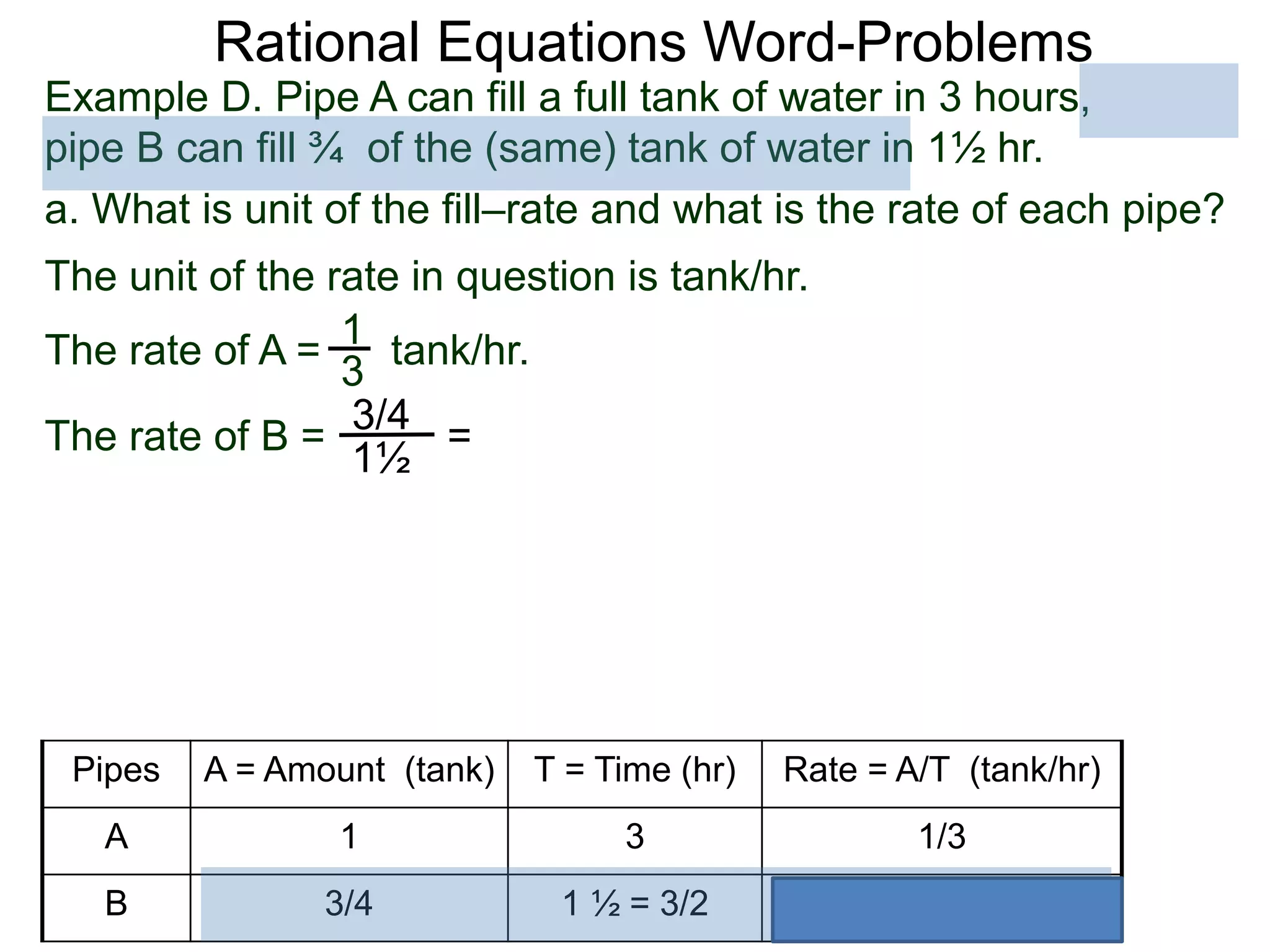 Rational Equations Word-Problems
Example D. Pipe A can fill a full tank of water in 3 hours,
pipe B can fill ¾ of the (same) tank of water in 1½ hr.
a. What is unit of the fill–rate and what is the rate of each pipe?
The unit of the rate in question is tank/hr.
1
3
The rate of A = tank/hr.
The rate of B =
3/4
1½
=
Pipes A = Amount (tank) T = Time (hr) Rate = A/T (tank/hr)
A 1 3 1/3
B 3/4 1 ½ = 3/2 1/2
 