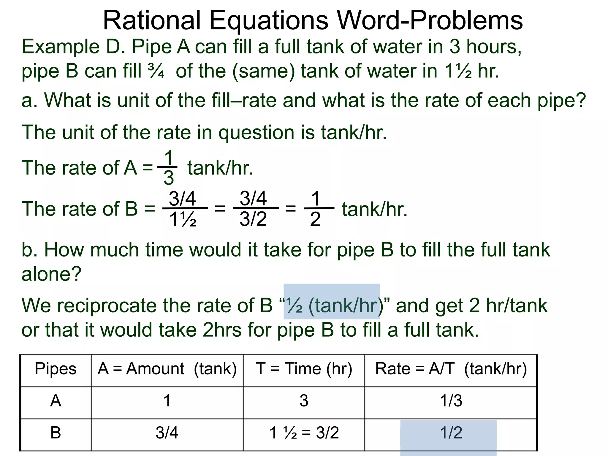 Rational Equations Word-Problems
Example D. Pipe A can fill a full tank of water in 3 hours,
pipe B can fill ¾ of the (same) tank of water in 1½ hr.
a. What is unit of the fill–rate and what is the rate of each pipe?
The unit of the rate in question is tank/hr.
1
3
=
1
2
The rate of A = tank/hr.
The rate of B = tank/hr.
3/4
1½
=
3/4
3/2
b. How much time would it take for pipe B to fill the full tank
alone?
We reciprocate the rate of B “½ (tank/hr)” and get 2 hr/tank
or that it would take 2hrs for pipe B to fill a full tank.
Pipes A = Amount (tank) T = Time (hr) Rate = A/T (tank/hr)
A 1 3 1/3
B 3/4 1 ½ = 3/2 1/2
 