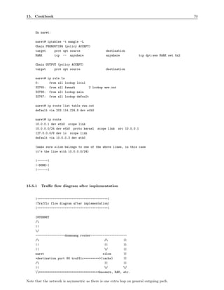 15. Cookbook                                                                                    70



     On naret:

     naret# iptables -t mangle -L
     Chain PREROUTING (policy ACCEPT)
     target     prot opt source                 destination
     MARK       tcp -- anywhere                 anywhere             tcp dpt:www MARK set 0x2

     Chain OUTPUT (policy ACCEPT)
     target     prot opt source                 destination

     naret# ip rule ls
     0:      from all lookup local
     32765: from all fwmark        2 lookup www.out
     32766: from all lookup main
     32767: from all lookup default

     naret# ip route list table www.out
     default via 203.114.224.8 dev eth0

     naret# ip route
     10.0.0.1 dev eth0 scope link
     10.0.0.0/24 dev eth0 proto kernel     scope link   src 10.0.0.1
     127.0.0.0/8 dev lo scope link
     default via 10.0.0.3 dev eth0

     (make sure silom belongs to one of the above lines, in this case
     it’s the line with 10.0.0.0/24)

     |------|
     |-DONE-|
     |------|



15.5.1   Traﬃc ﬂow diagram after implementation


     |-----------------------------------------|
     |Traffic flow diagram after implementation|
     |-----------------------------------------|

     INTERNET
     /
     ||
     /
     -----------------donmuang router---------------------
     /                                      /         ||
     ||                                      ||         ||
     ||                                      /         ||
     naret                                  silom       ||
     *destination port 80 traffic=========>(cache)      ||
     /                                      ||         ||
     ||                                      /         /
     ===================================kaosarn, RAS, etc.

Note that the network is asymmetric as there is one extra hop on general outgoing path.
 