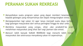 PERANAN SUKAN REKREASI

   Menyediakan suatu program sukan yang dapat memberi keseronokan
    kepada golongan yang menyertainya dan dapat mengurangkan stress.
   Mempopularkan lagi sukan ini agar ianya menjadi suatu daya tarikan
    bagi golongan masyarakat dari semua peringkat hingga ke akar umbi.
   Membina masyarakat yang cergas, sihat ,dan produktif ke arah
    melahirkan masyarakat yang sihat dari segi jasmani dan emosi.
   Mencari lebih banyak SUKAN REKREASI bagi menarik lebih minat
    masyarakat dan seterusnya menyokong sukan ini sepenuhnya.
 