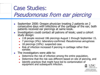 Case Studies:
Pseudomonas from ear piercing
 September 2000: Oregon physician treating 2 patients on 2
consecutive days with infections of the cartilage of the ear; both
patients received ear piercings at same kiosk.
 Investigators could contact all patrons of kiosk; used a cohort
study design:
 118 people received 186 piercings August 1 through September 15.
 7 piercings (4%): laboratory-confirmed Pseudomonas aeruginosa.
 18 piercings (10%): suspected case.
 Risk of infection increased if piercing in cartilage rather than
earlobe.
 The investigators were able to:
 Determine the risk of infection among the entire population,
 Determine that the risk was different based on site of piercing, and
 Identify practices that might have led to contamination of
equipment and subsequent infection.
 