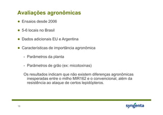 Avaliações agronômicas
● Ensaios desde 2006

● 5-6 locais no Brasil

● Dados adicionais EU e Argentina

● Características de importância agronômica

     - Parâmetros da planta

     - Parâmetros de grão (ex: micotoxinas)

     Os resultados indicam que não existem diferenças agronômicas
      inesperadas entre o milho MIR162 e o convencional, além da
      resistência ao ataque de certos lepidópteros.




16
 