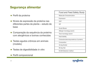 Segurança alimentar
                                               Food and Feed Safety Study
● Perfil da proteína                           Molecular Characterization

                                               Expression

● Níveis de expressão da proteína nas          SGF

     diferentes partes da planta – estudo de   SIF

     base                                      Acute Mouse
                                               Allergen homology search
● Comparação da sequência da proteína          Toxin homology search
     com alergênicos e toxinas conhecidas      Heat stability

                                               Characterization/equivalence of proteins
● Testes agudos crônicos em animais            Composition
     (modelo)                                  42-day Broiler

                                               90-day Rat
● Testes de digestibilidade in vitro           ELISA Detection method


● Perfil composicional

17
 