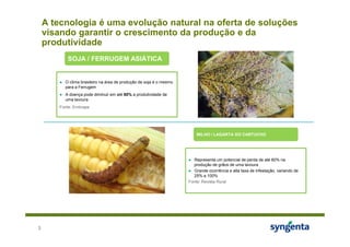 A tecnologia é uma evolução natural na oferta de soluções
    visando garantir o crescimento da produção e da
    produtividade
           SOJA / FERRUGEM ASIÁTICA


       ● O clima brasileiro na área de produção de soja é o mesmo
         para a Ferrugem
       ● A doença pode diminuir em até 80% a produtividade de
         uma lavoura
       Fonte: Embrapa




                                                                        MILHO / LAGARTA DO CARTUCHO




                                                                    ● Representa um potencial de perda de até 60% na
                                                                      produção de grãos de uma lavoura
                                                                    ● Grande ocorrência e alta taxa de infestação, variando de
                                                                      25% a 100%
                                                                    Fonte: Revista Rural




3
 