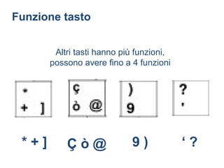 Funzione tasto


        Altri tasti hanno più funzioni,
       possono avere fino a 4 funzioni




 *+]       Çò@              9)            ‘?
 