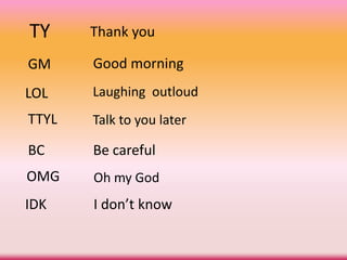 TY Thank you
Good morningGM
Laughing outloudLOL
Talk to you laterTTYL
Be carefulBC
Oh my GodOMG
I don’t knowIDK
 