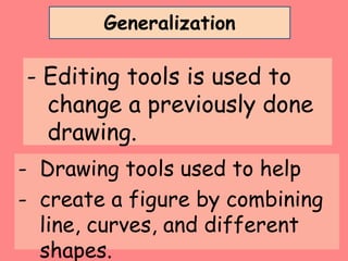 - Editing tools is used to
change a previously done
drawing.
- Drawing tools used to help
- create a figure by combining
line, curves, and different
shapes.
Generalization
 