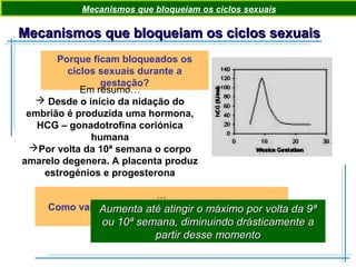 Mecanismos que bloqueiam os ciclos sexuaisMecanismos que bloqueiam os ciclos sexuais
Porque ficam bloqueados os
ciclos sexuais durante a
gestação?
Em resumo…
 Desde o início da nidação do
embrião é produzida uma hormona,
HCG – gonadotrofina coriónica
humana
Por volta da 10ª semana o corpo
amarelo degenera. A placenta produz
estrogénios e progesterona
…
Como varia a concentração de HCG ao longo do
tempo?
Mecanismos que bloqueiam os ciclos sexuais
Aumenta até atingir o máximo por volta da 9ªAumenta até atingir o máximo por volta da 9ª
ou 10ª semana, diminuindo drásticamente aou 10ª semana, diminuindo drásticamente a
partir desse momentopartir desse momento
 