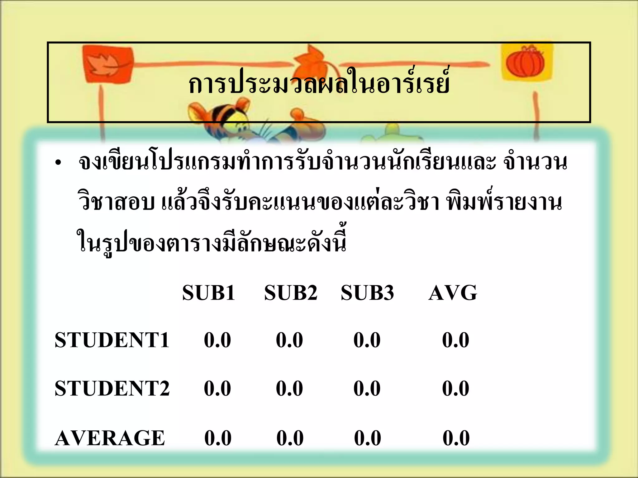 การประมวลผลในอาร์เรย์
• จงเขียนโปรแกรมทาการรับจานวนนักเรียนและ จานวน
  วิชาสอบ แล้วจึงรับคะแนนของแต่ละวิชา พิมพ์รายงาน
  ในรูปของตารางมีลักษณะดังนี้
            SUB1 SUB2 SUB3 AVG
STUDENT1 0.0 0.0 0.0                 0.0
STUDENT2 0.0 0.0 0.0                 0.0
AVERAGE 0.0 0.0 0.0                  0.0
 
