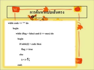 การค้นหาแบบเส้Ȩรง
while code <> '*' do
    begin
        while (flag = false) and (i <= max) do
         begin
           if table[i] = code then
              flag := true
           else
              i:= i+1;
         end;
 