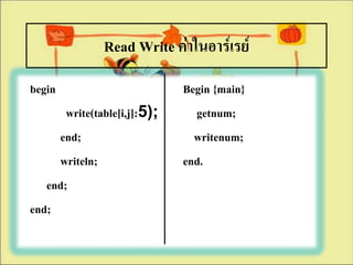 Read Write ค่าในอาร์๶รย์
begin                         Begin {main}
       write(table[i,j]:5);     getnum;
     end;                       writenum;
     writeln;                 end.
   end;
end;
 