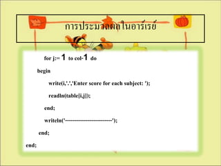 การประมวลผลในอาร์๶รย์

         for j:= 1 to col-1 do
       begin
            write(i,'.','Enter score for each subject: ');
            readln(table[i,j]);
          end;
          writeln('-------------------------');
       end;
end;
 