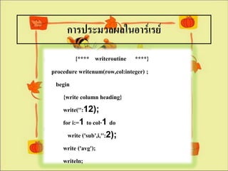 การประมวลผลในอาร์๶รย์
          {**** writeroutine ****}
procedure writenum(row,col:integer) ;
 begin
    {write column heading}
    write('':12);
    for i:=1 to col-1 do
      write ('sub',i,'':2);
    write ('avg');
    writeln;
 