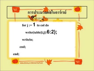 การประมวลผลในอาร์๶รย์

         for j := 1 to col do
           write(table[i,j]:6:2);
         writeln;
       end;
end;
 