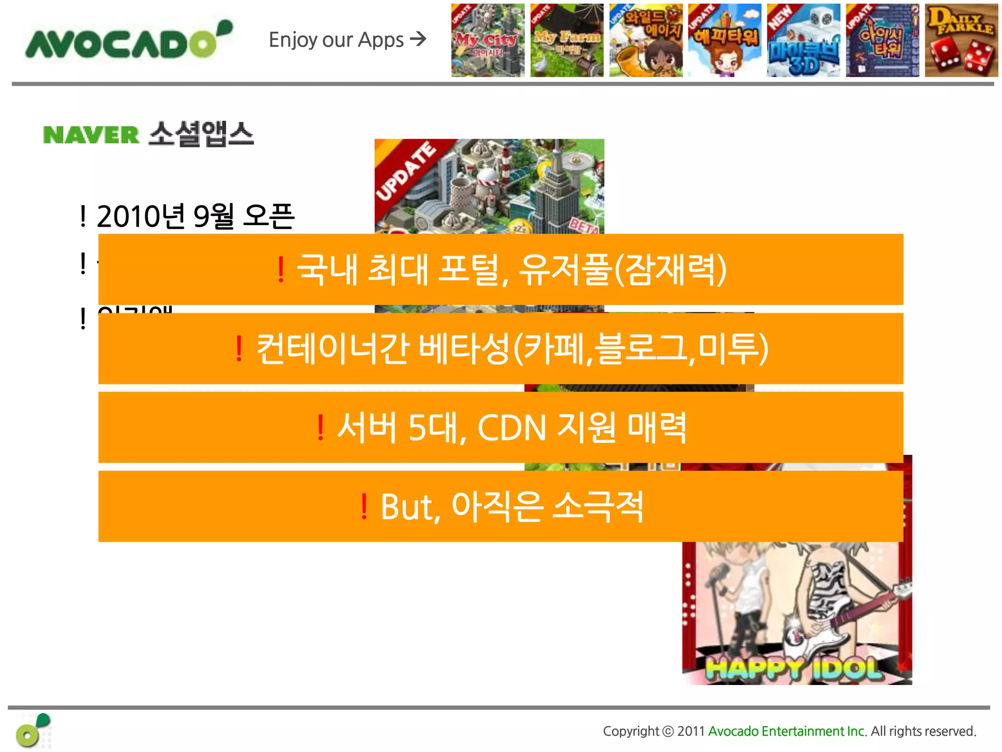 Enjoy our Apps 




! 2010년 9월 오픈
! 월매출 1.5억 ! 국내 최대 포털, 유저풀(잠재력)
! 인기앱
         ! 컨테이너간 베타성(카페,블로그,미투)

                ! 서버 5대, CDN 지원 매력

                   ! But, 아직은 소극적




                              Copyright ⓒ 2011 Avocado Entertainment Inc. All rights reserved.
 