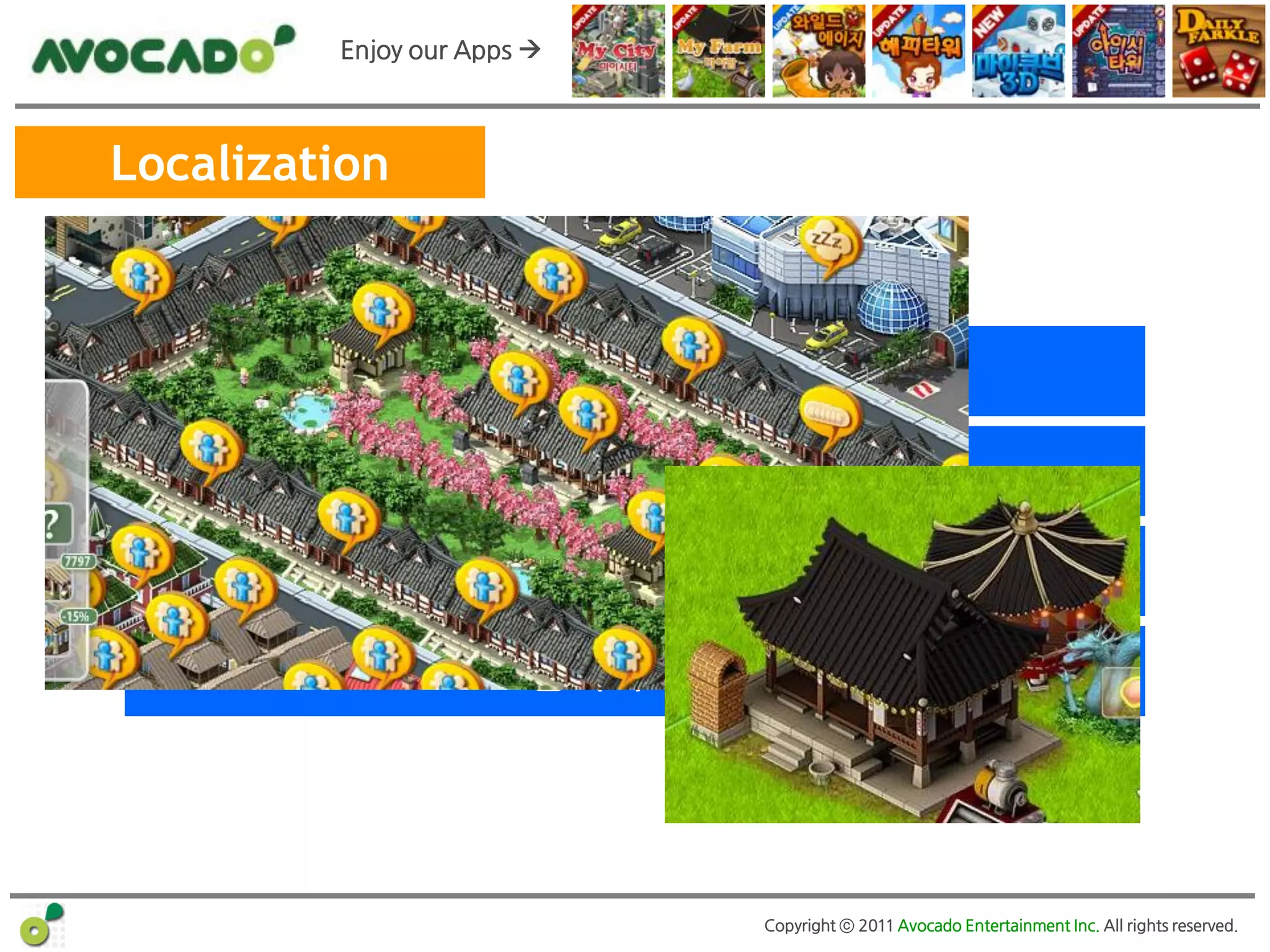 Enjoy our Apps 



Localization



               ! 번역 – Text, Language

               ! 오리지널 vs 한국 특화

                 ! 플랫폼 특화된 기능

                     ! 업데이트 플랜




                               Copyright ⓒ 2011 Avocado Entertainment Inc. All rights reserved.
 