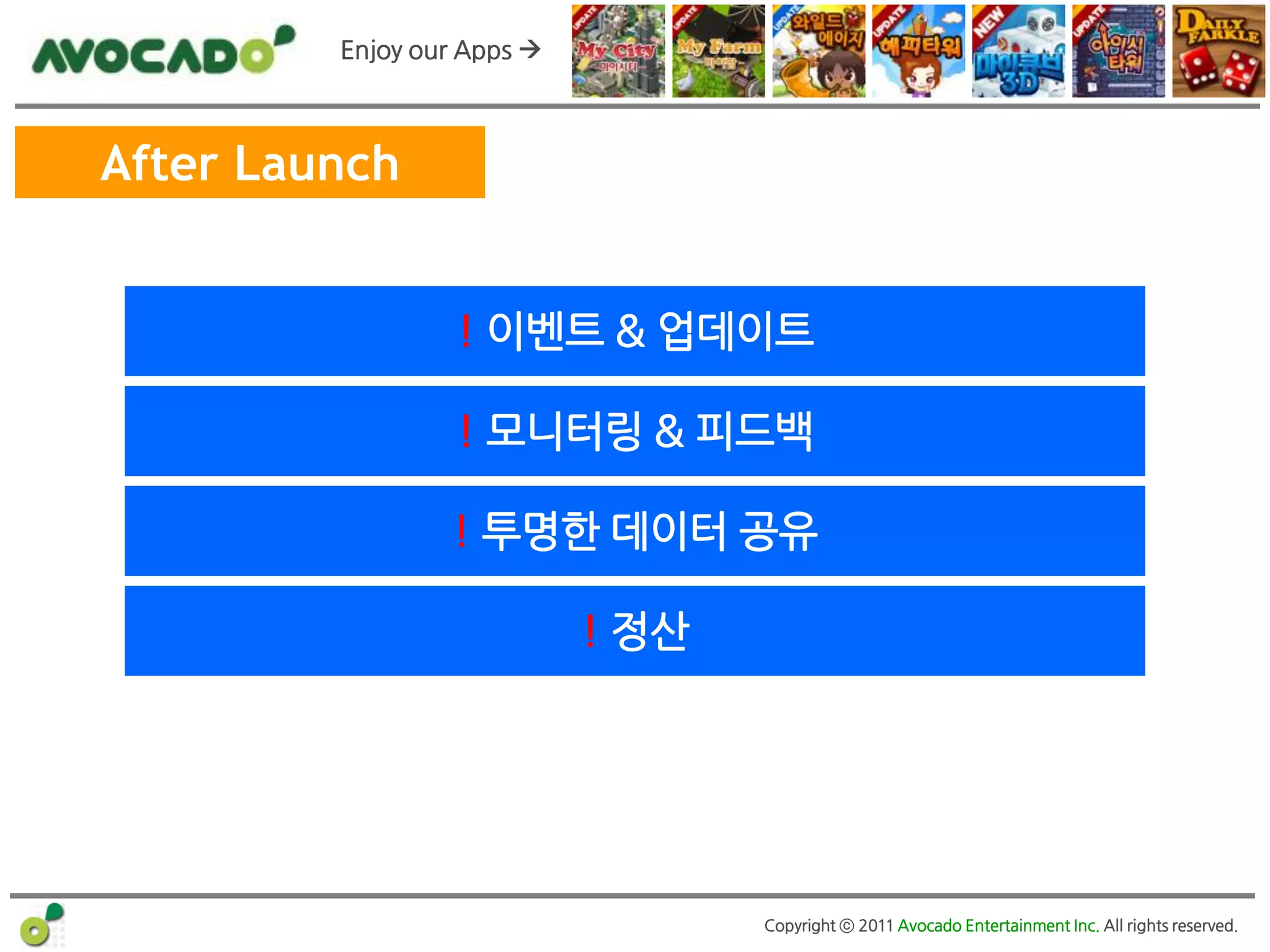 Enjoy our Apps 



After Launch


                  ! 이벤트 & 업데이트

                  ! 모니터링 & 피드백

                 ! 투명한 데이터 공유

                            ! 정산




                                   Copyright ⓒ 2011 Avocado Entertainment Inc. All rights reserved.
 