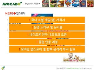 Enjoy our Apps 




! 2009년 9월 오픈 ! 국내 소셜 게임(앱) 개척자
! 월매출 7억
                 ! 운영 노하우 및 유저풀
! 인기앱
             ! 네이트온 친구 네트워크 오픈

                      ! 클럽 연동 예정

        ! 모바일 앱스토어 및 향후 공격적 투자 발표




                               Copyright ⓒ 2011 Avocado Entertainment Inc. All rights reserved.
 