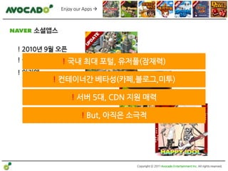 Enjoy our Apps 




! 2010년 9월 오픈
! 월매출 1.5억 ! 국내 최대 포털, 유저풀(잠재력)
! 인기앱
         ! 컨테이너간 베타성(카페,블로그,미투)

                ! 서버 5대, CDN 지원 매력

                   ! But, 아직은 소극적




                              Copyright ⓒ 2011 Avocado Entertainment Inc. All rights reserved.
 