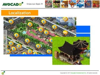 Enjoy our Apps 



Localization



               ! 번역 – Text, Language

               ! 오리지널 vs 한국 특화

                 ! 플랫폼 특화된 기능

                     ! 업데이트 플랜




                               Copyright ⓒ 2011 Avocado Entertainment Inc. All rights reserved.
 