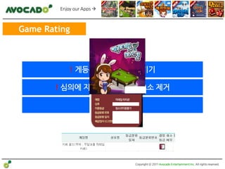 Enjoy our Apps 



Game Rating



            ! 게등위의 존재 이해시키기

       ! 심의에 지장을 줄 수 있는 요소 제거

                       ! 소요기간




                                Copyright ⓒ 2011 Avocado Entertainment Inc. All rights reserved.
 