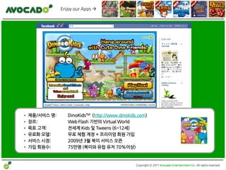 Enjoy our Apps 




      DinoKids TM
• 제품/서비스 명:      DinoKidsTM (http://www.dinokids.com)
• 장르:            Web Flash 기반의 Virtual World
• 목표 고객:         젂세계 Kids 및 Tweens (6~12세)
• 유료화 모델:        무료 체험 계정 + 프리미엄 회원 가입
• 서비스 시점:        2009년 3월 북미 서비스 오픈
• 가입 회원수:        75만명 (북미와 유럽 유저 70%이상)



                                               Copyright ⓒ 2011 Avocado Entertainment Inc. All rights reserved.
 