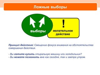 Ложные выборы




Принцип действия: Смещение фокуса внимания на обстоятельства
совершения действия.

- Вы хотите купить стиральную машину или холодильник?
- Вы можете позвонить мне как сегодня, так и завтра утром.
 