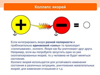 Коллапс якорей




Если интегрировать якоря разной полярности и
приблизительно одинаковой «силы» то происходит
«схлопывание», коллапс. Якоря как бы уничтожают друг друга.
Например, если вы попробуете запустить один из уже
сколлапсированных якорей, то у человека не будет меняться
состояние.
Коллапс якорей используется для устойчивого изменения
состояния в различных ситуациях, уничтожения нежелательных
якорей, для изменения отношения и т.д.
 