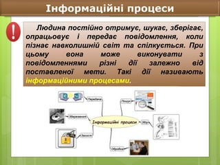 Людина постійно отримує, шукає, зберігає,
опрацьовує і передає повідомлення, коли
пізнає навколишній світ та спілкується. При
цьому вона може виконувати з
повідомленнями різні дії залежно від
поставленої мети. Такі дії називають
інформаційними процесами.
Інформаційні процеси
 