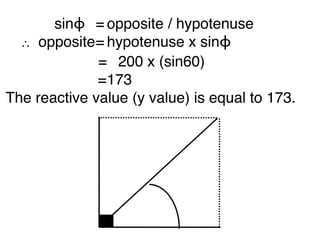 sinϕ
 =
opposite / hypotenuse
 
 ∴ opposite
 
hypotenuse x sinϕ
              =
       
 
    =
 200 x (sin60)

 
 
         =
 73
                1
The reactive value (y value) is equal to 173.
 