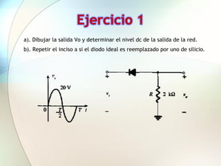 Ejercicio 1
a). Dibujar la salida Vo y determinar el nivel dc de la salida de la red.
b). Repetir el inciso a si el diodo ideal es reemplazado por uno de silicio.
 