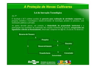 A Proteção de Novas Cultivares
                             Lei de Inovação Tecnológica
Art. 9º
É facultado à ICT celebrar acordos de parceria para realização de atividades conjuntas de
pesquisa científica e tecnológica e desenvolvimento de tecnologia, produto ou processo, com
instituições públicas e privadas.
As partes deverão prever, em contrato, a titularidade da propriedade intelectual e a
participação nos resultados da exploração das criações resultantes da parceria, assegurando aos
signatários o direito ao licenciamento, observado o disposto nos §§ 4o e 5o do art. 6o desta Lei.

          Recurso do Tesouro
                               $
                                        Pesquisa
                                                             $
                                                                       Parceiro
                     $             Desenvolvimento           $
                                                                            $
                                                             $
                                     Transferência                    Licenciado
                                                      Exclusividade
 