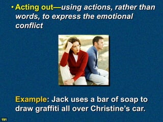 • Acting out—using actions, rather than
        words, to express the emotional
        conflict




       Example: Jack uses a bar of soap to
       draw graffiti all over Christine’s car.
191
 